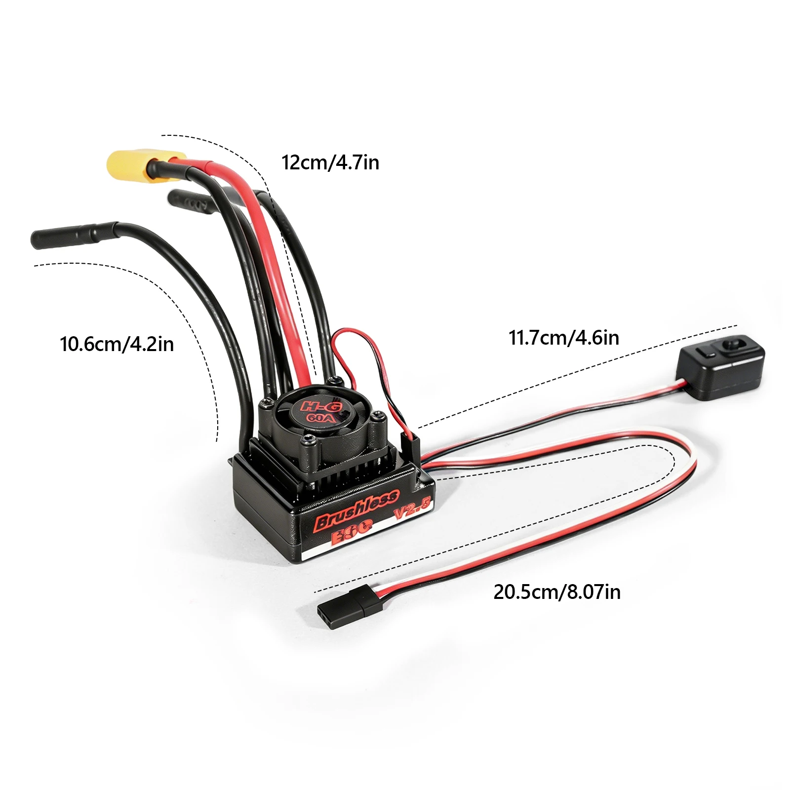 Côté du contrôleur ESC Brushless 60A H-G60A avec bande adhésive double face et dissipateur en aluminium