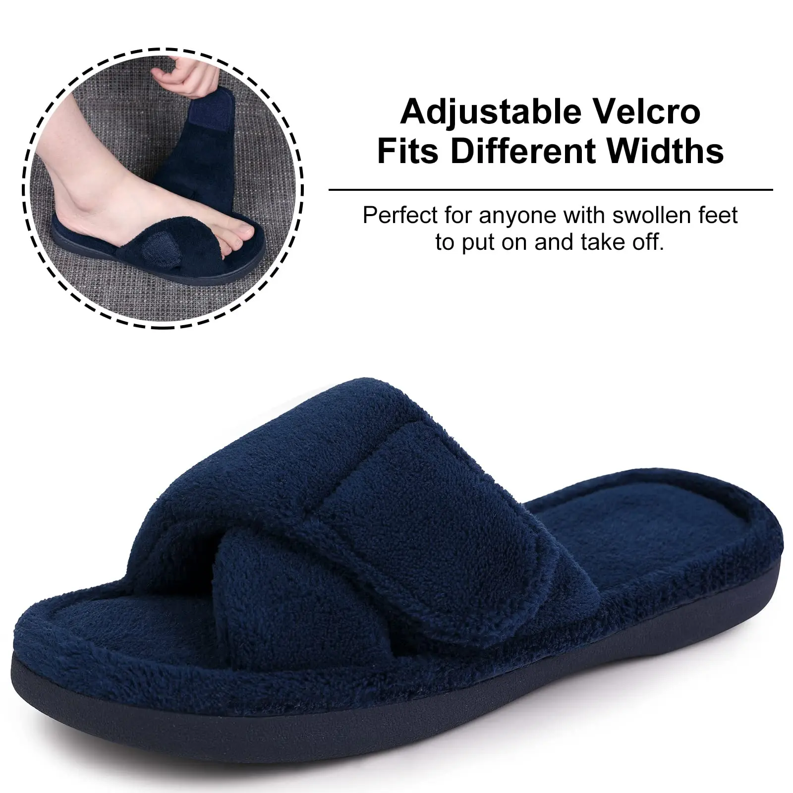 Bebealy Winter Arch Support Sippers for Women Adjustable Terry Cloth Fuzzy Indoor Slippers Open Toe House Shoes Casual Slippers