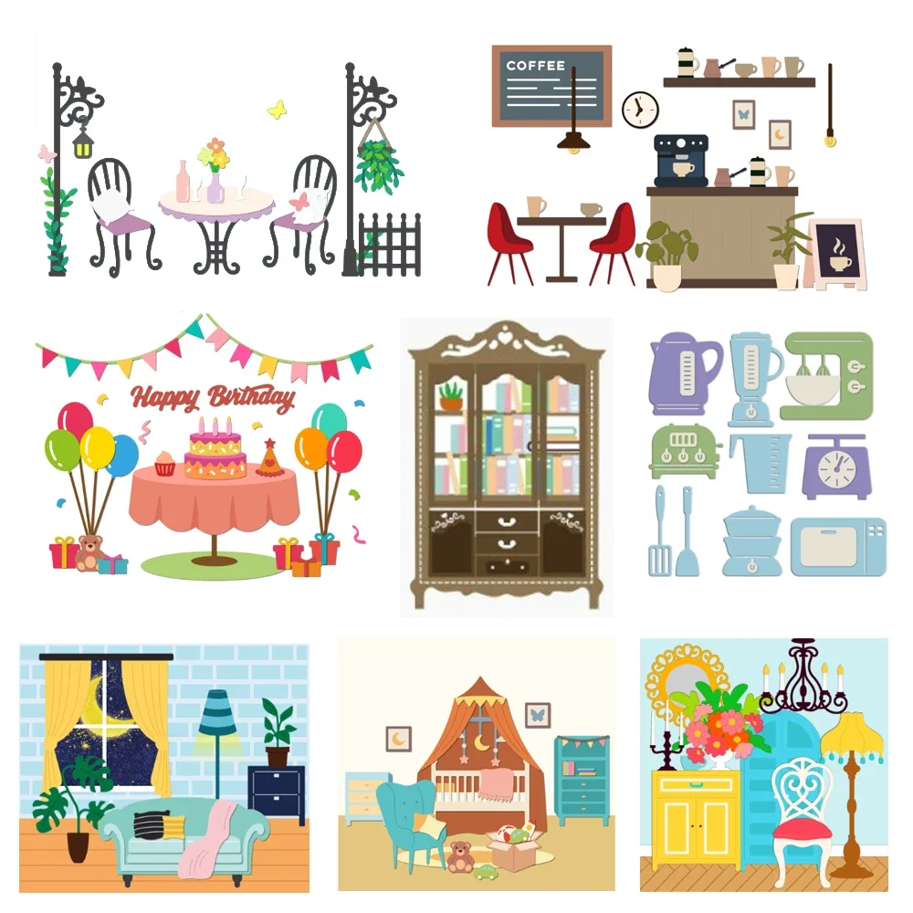 

Leisure Time Die Cuts Hanging Plant and Lamp Embossing Template Bistro Table and Chair Metal Die for Scrapbooking Card DIY Craft