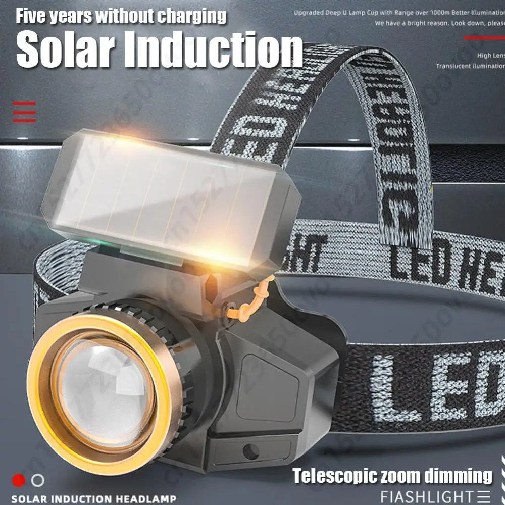 Head-Mounted Flashlight Torch Solar USB Rechargeable Head Light Waterproof for Fishing Running Camping Supplies