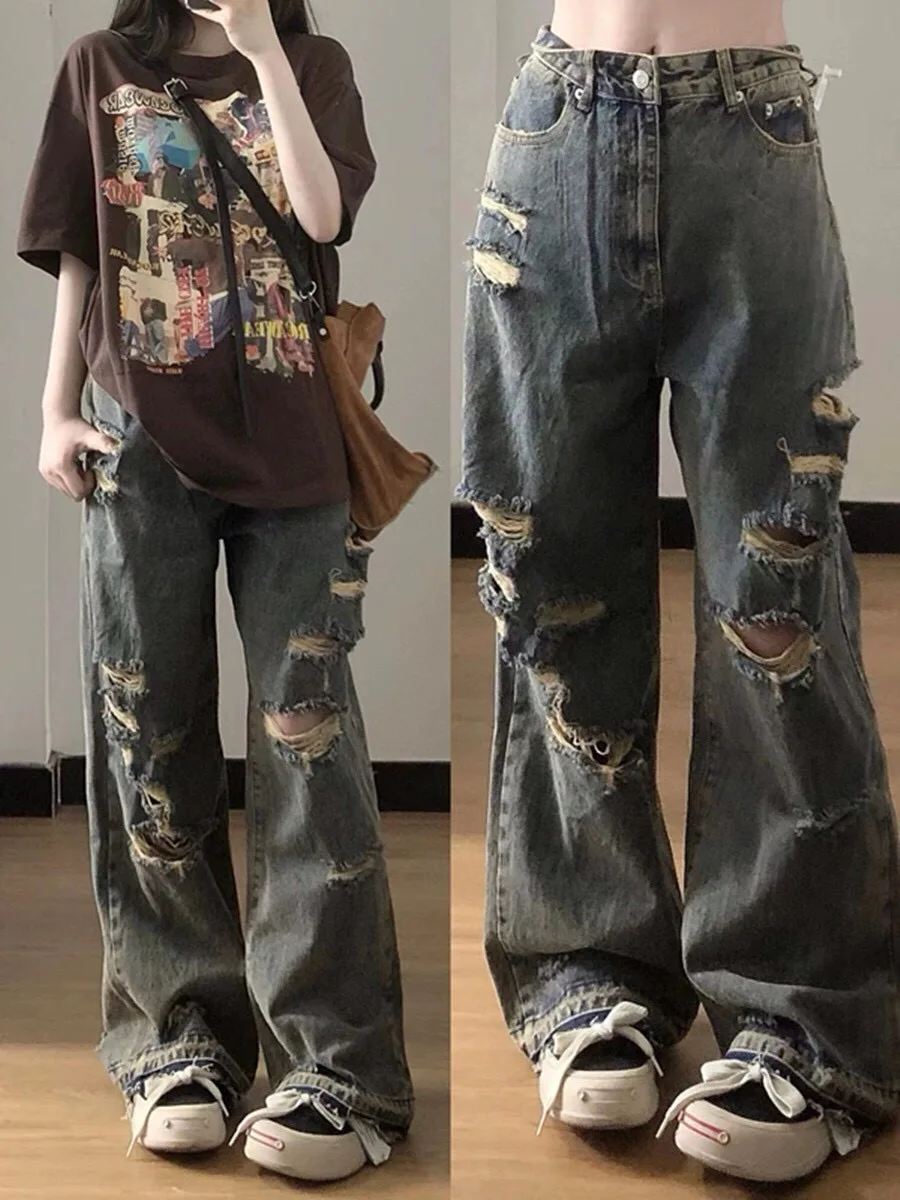 Personality Wash Do Old Blue Straight Hole Beggar Jeans Men Women Loose Wide-legged Drag Pants Y2k