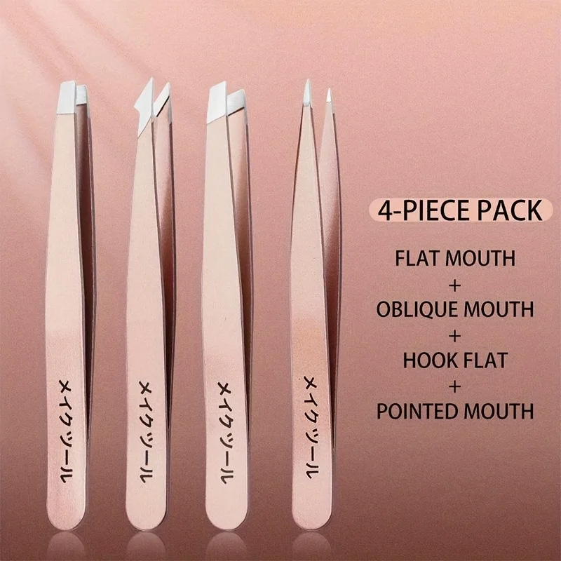 4pcs 로즈 골든 핀셋 눈썹 클립 속눈썹 연장 고급 플랫 슬랜트 포인트 눈썹 뷰티 세트 스테인레스 스틸 클립