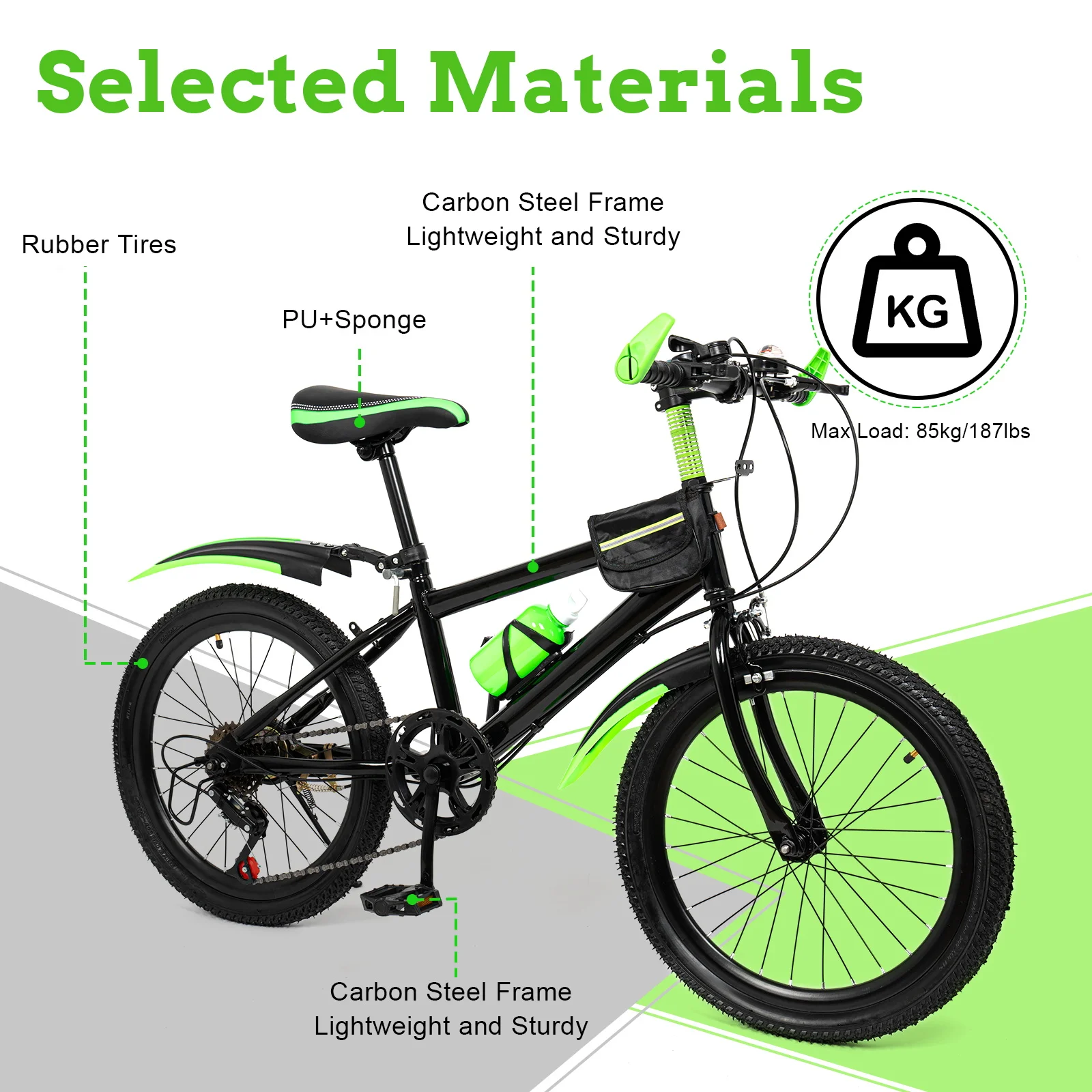 20 Inch Mountain Bike 7 Speed Gears, Adjustable Seat Kids' Bike with Mudguards Kettle Holder Kettle for Boys Girls 8-13 years 1