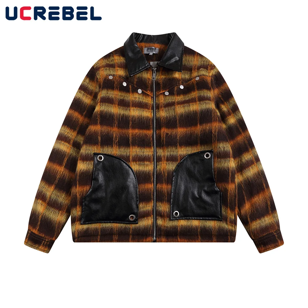 

Spliced Plaid Woolen Quilted Jacket Mens Pocket Button Decoration Streetwear Autumn Winter Lapel Thick Outerwear Men