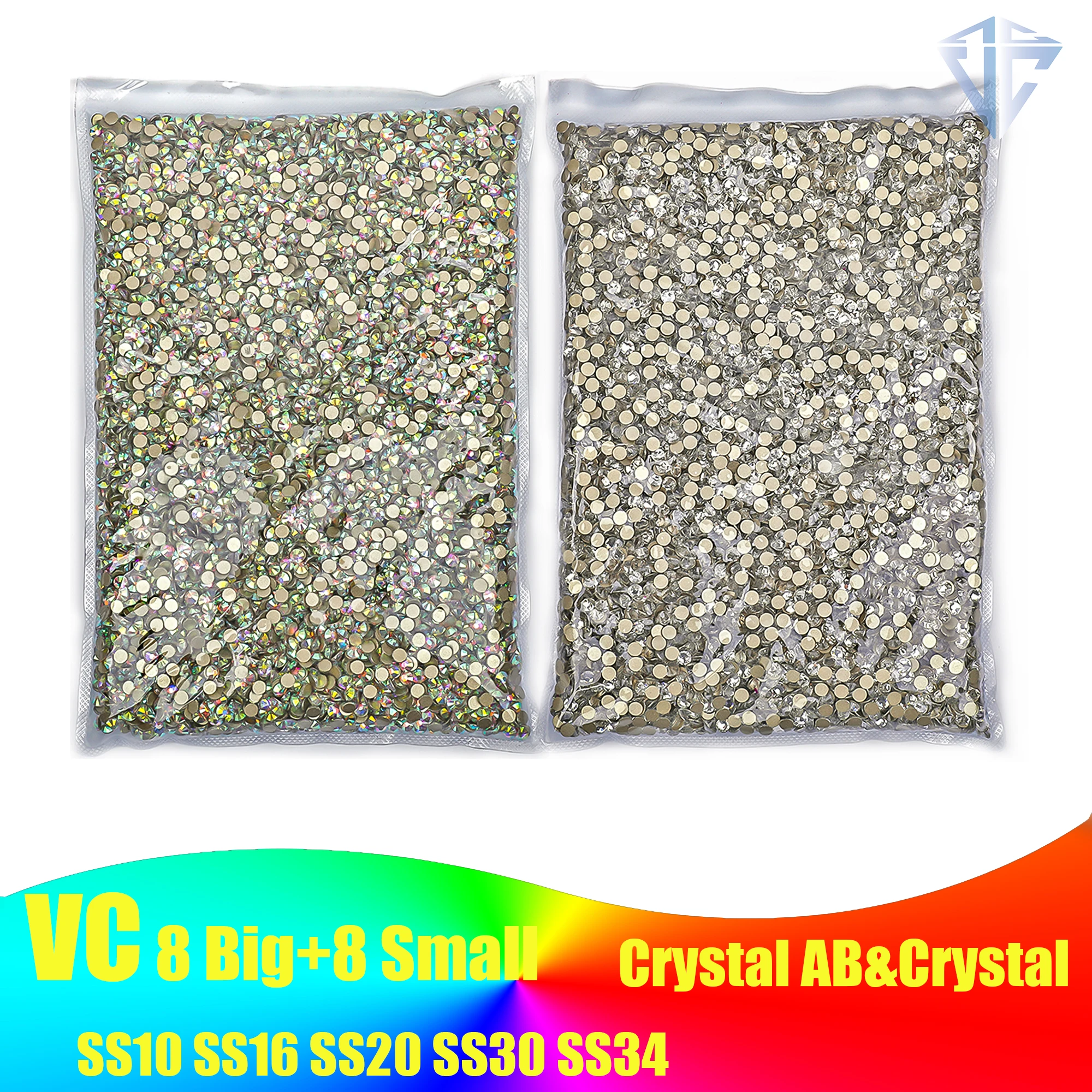 8 große + 8 kleine SS10-SS34 große Packung Bulk 2088 Crystal AB Non Hot Fix Nail Art Strass 16 Schnitte Flatback Nagel Strass für DIY