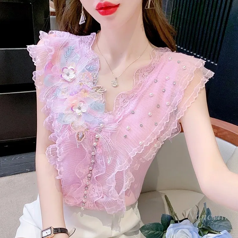 

French Style Sweet Floral Tank Camisole Women's Summer Outer Wear Summer Sleeveless Three-dimensional Flower Embroidery Top 2023