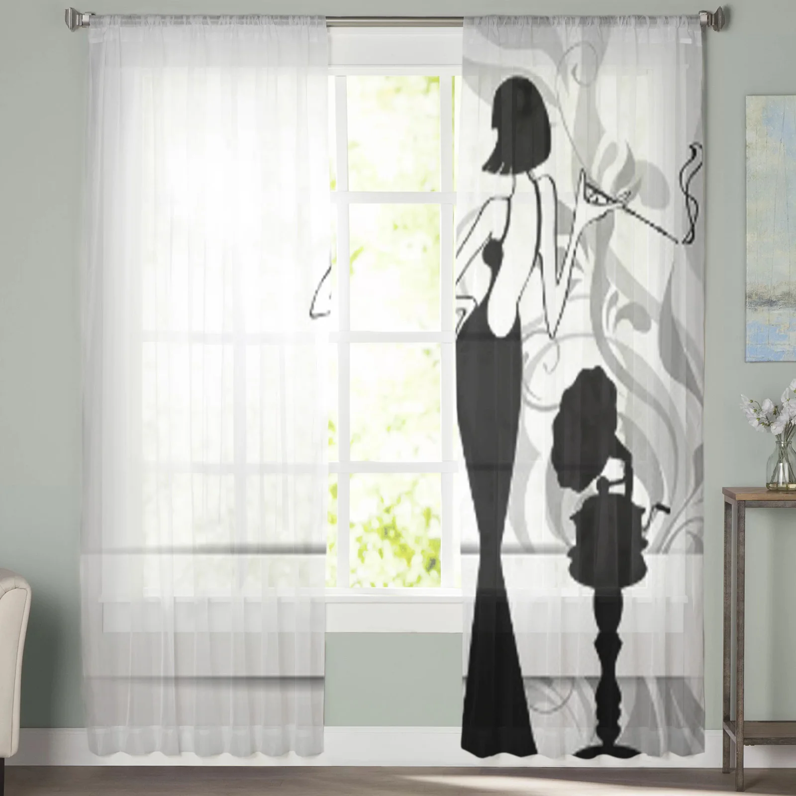 Retro Girl with Old Gramophone Tulle Curtains for Living Room Bedroom Window Sheer Curtains Kitchen Balcony Voile Curtains