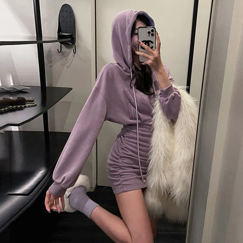 

Autumn Spring Bodycon Skort Hooded Dresses Tunic Slim Fit Sexy Fashion Long Sleeve Fly Korean Party Mini Dress 2023 New Black