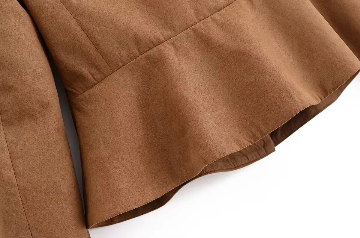 Women's Ruffles Suede Jackets Coat O-Neck Single Breasted Long Sleeve Female Coats Autumn Winter Lady Vintage Outwear Streetwear