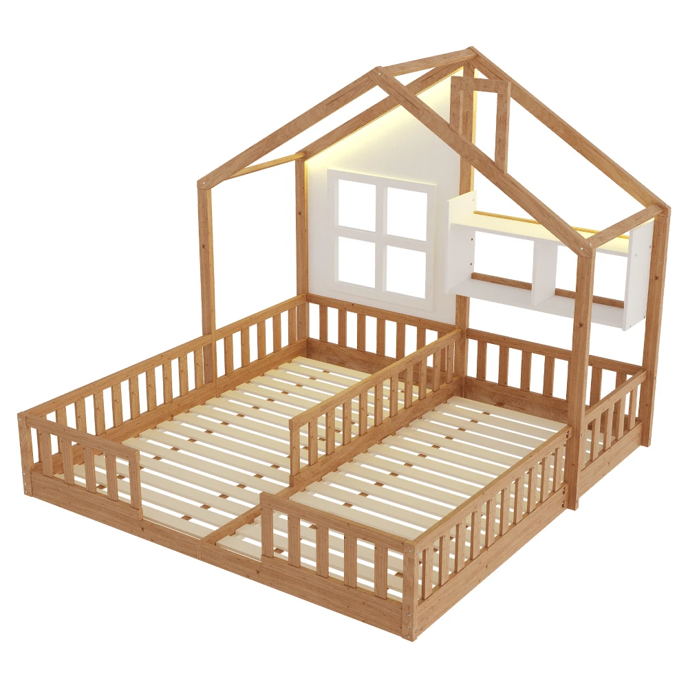 90×200cm Kinderbett, Holz-Doppelbett, Hausdesign mit Fenstern und Schornstein, LED-Beleuchtung, Sicherheitsgitter, Stauraum – Detail 28