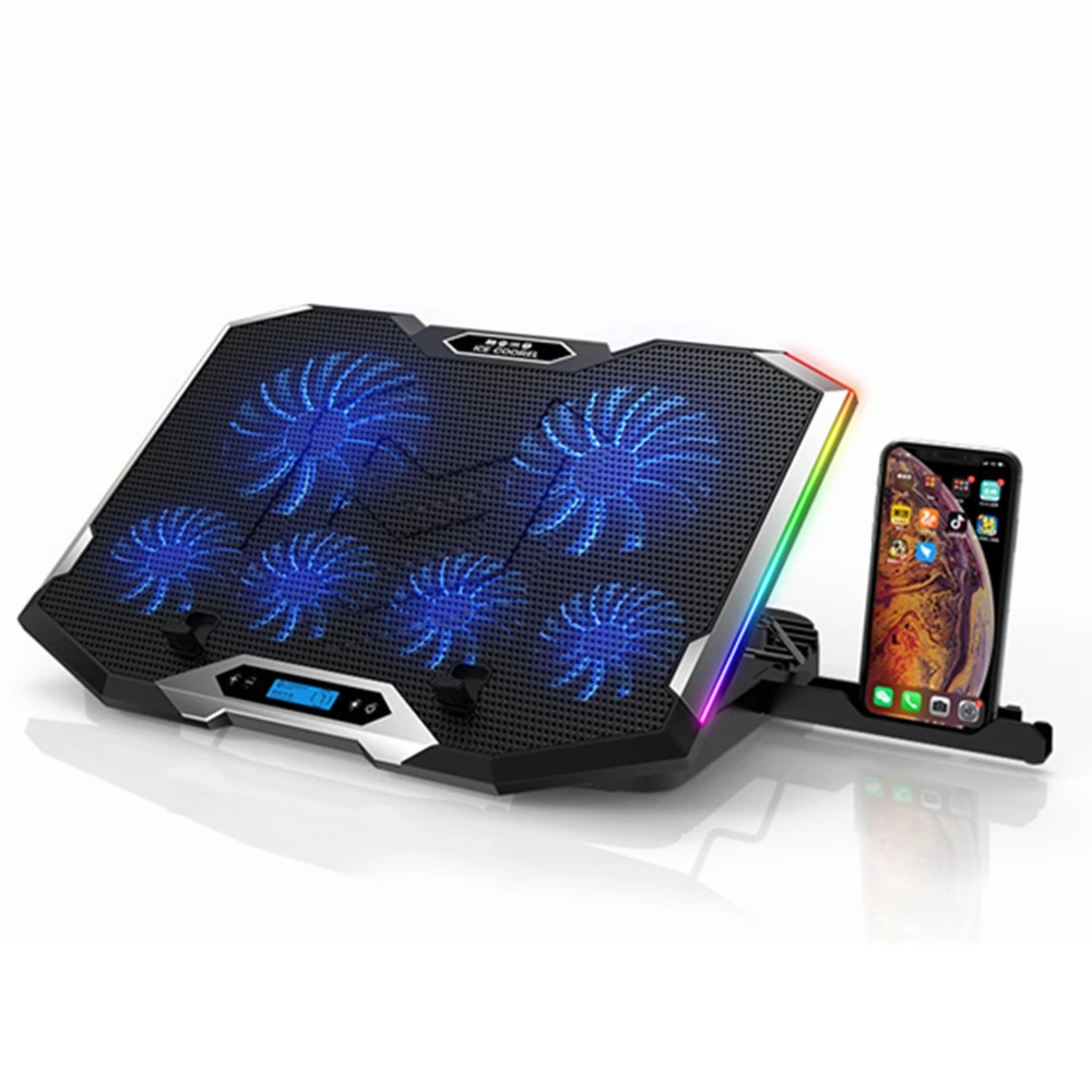 Refrigerador RGB para ordenador portátil, almohadilla refrigeración para portátil de 12 18 pulgadas, seis ventiladores, pantalla LCD, soporte ajustable para Notebook, dos puertos USB|Bases refrigeradoras ordenadores -