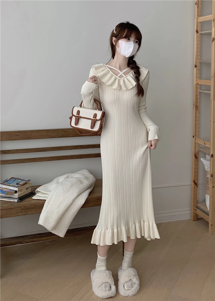 Autumn Knitted Dresses for Women Ruffles V-neck Solid Bodycon Casual Solid Midi Dress Korean Fashion Vestidos Mujer New Knitwear
