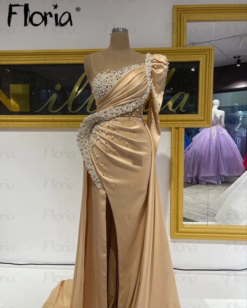 

Satin Handmade Pearls Champagne Wedding Party Dress With Overskirt Arabic Women Long Formal Prom Gowns Special Occasion Dresses