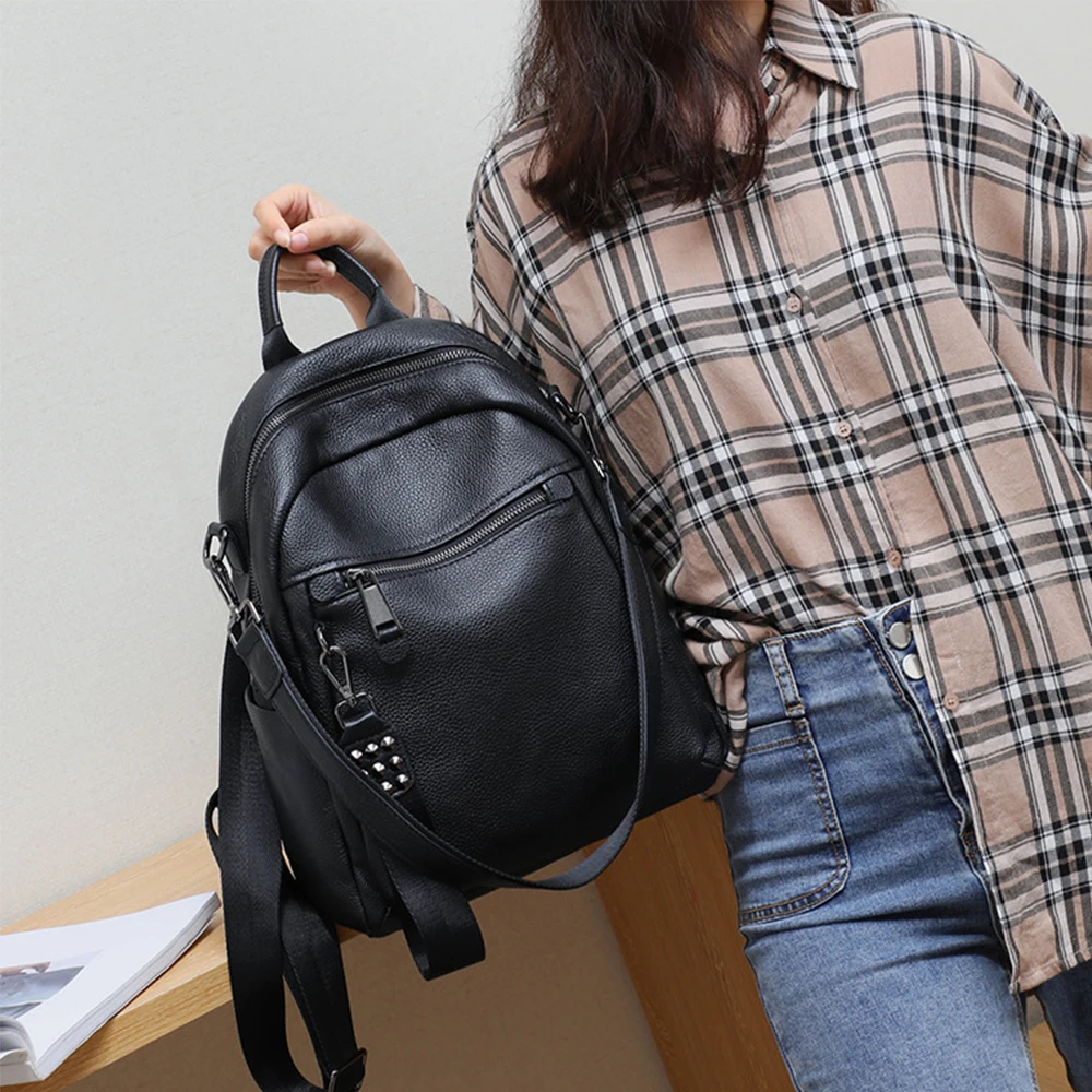 Fashion Leather Leisure Travel Backpack for Women, Large Capacity Trendy Black Backpack 2