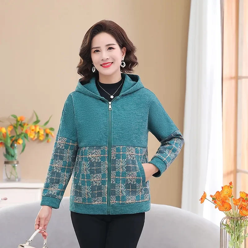 Mom's Autumn Hooded Foreign Style Jacket 2023 Middle-Aged And Elderly Spring And Autumn Short Top Jacket Jacket Hooded Casual