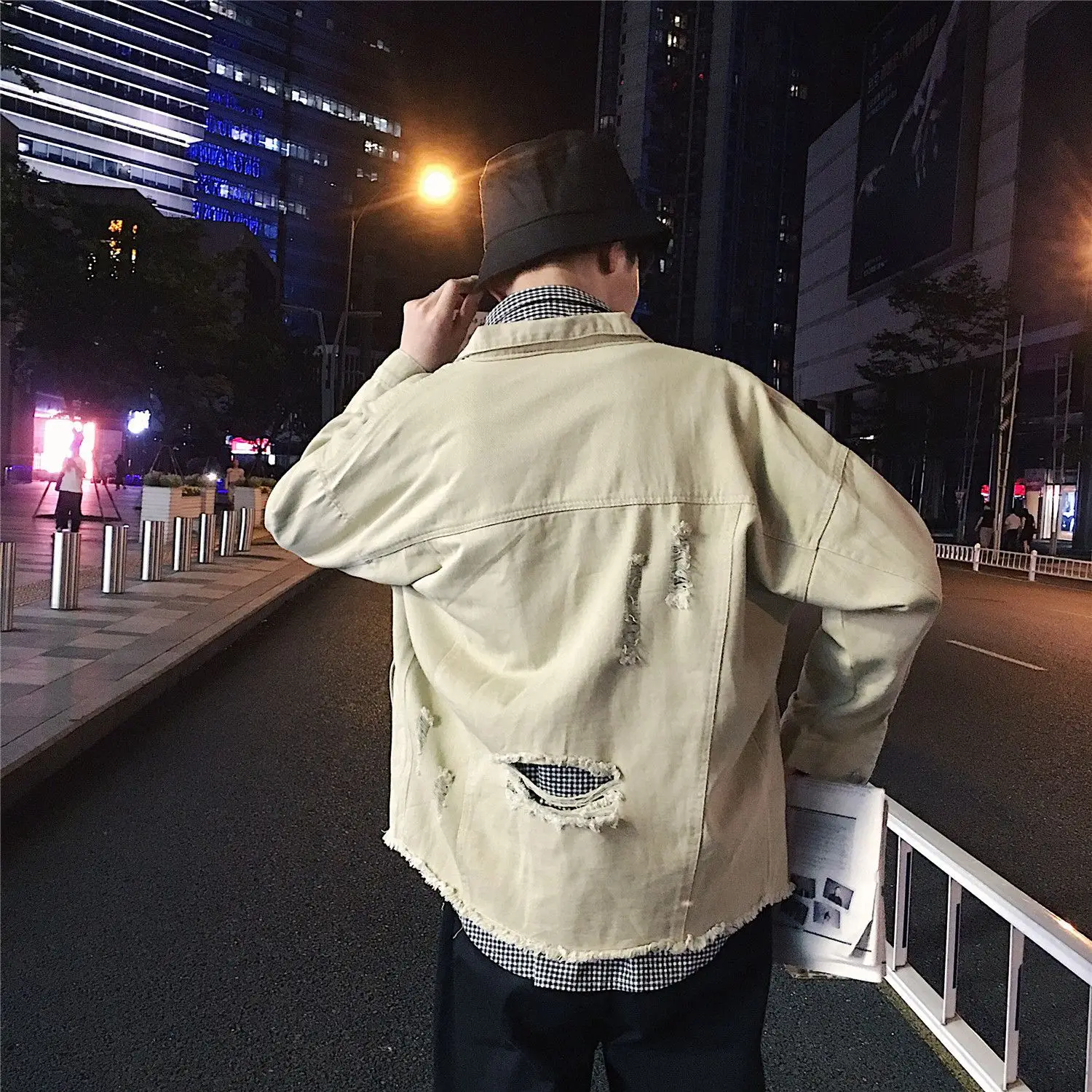 

Male Jean Coats Ripped Autumn White Men's Denim Jacket Wide Sleeves with Hole Y2k Korea Vintage Cheap Price Stylish New in G Low