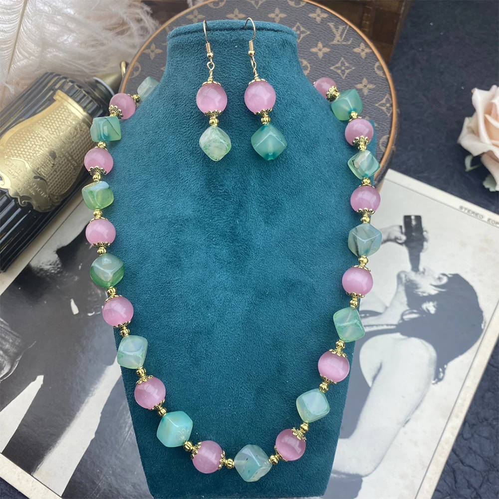 

Vintage Temperament Green Agate Pink Opal Earrings Necklaces for women‘s girl gift party Choker Jewelry Accessories