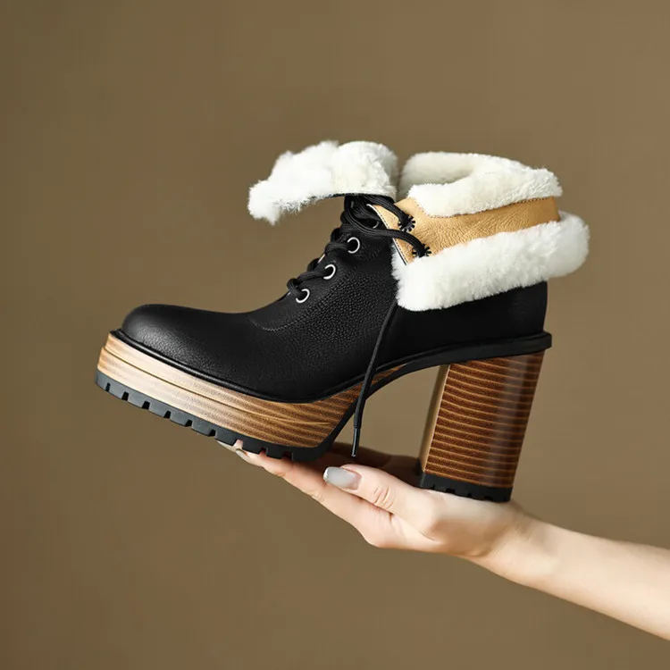 

Fashion Winter Short Boots Platform Black Cow Leather Snow Botas Lace Up White Plush High Heels Booties Chaussure Femmes Sapatos