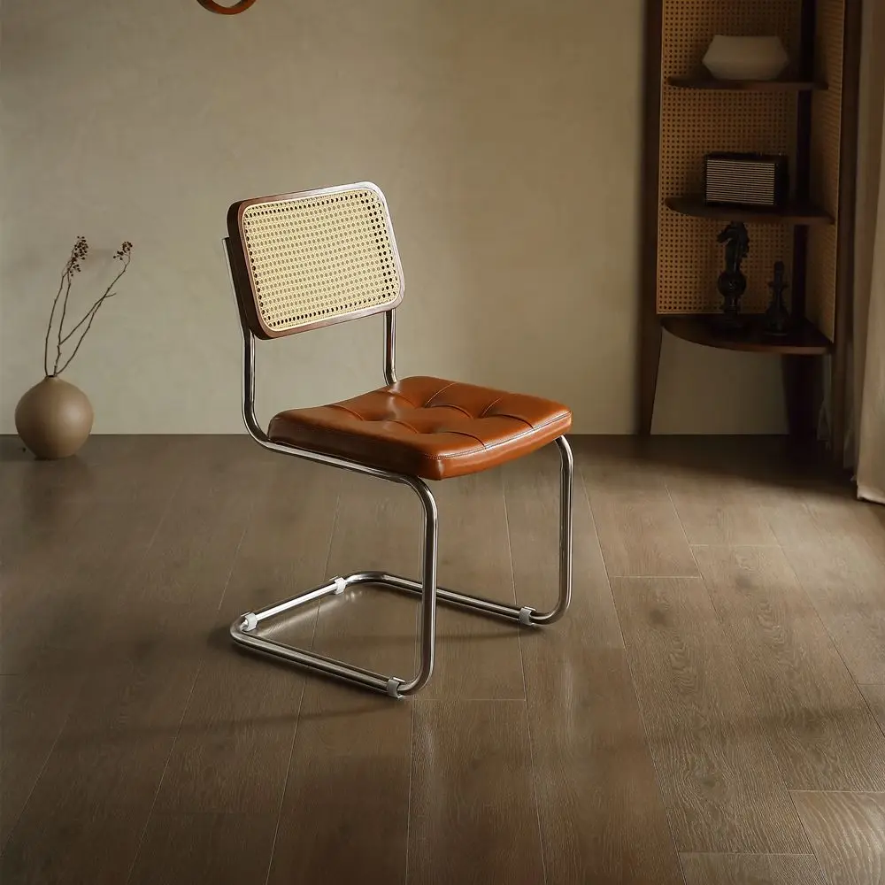 French Vintage Rattan Weaving Dining Chair Home Solid Wood Italian Dining Table Stainless Steel Leather Stool Style Weaving