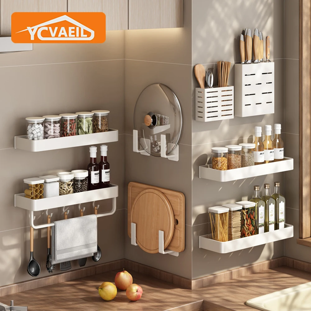 Kitchen Shelf Wall-mounted Space Aluminum Seasoning Rack Bottle Holder Chopstick Kitchen Organizer Storage Accessories