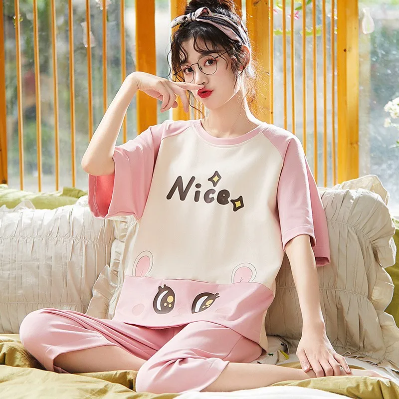 2Pcs/Set Calf-Length Pants Short sleeve Tops Pajamas sets 2023 New Nightwear Summer Women's Sleepwear Cotton pjs plus sizes Pyja