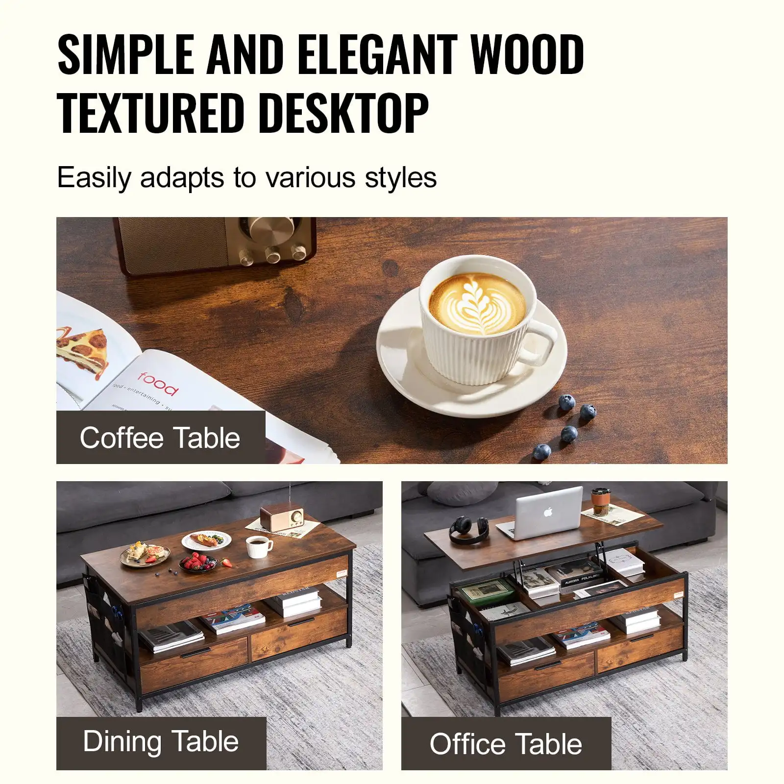 Lift Top Coffee Table - 39.4" Rectangle Coffee Table with Light & USB, Brown 6