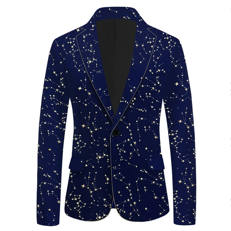 Luxury Gold Star Velvet Men Dress Blazer Black One Button Lapel Collar Suit Jacket Embroidery Fashion Wedding Party Prom Costume