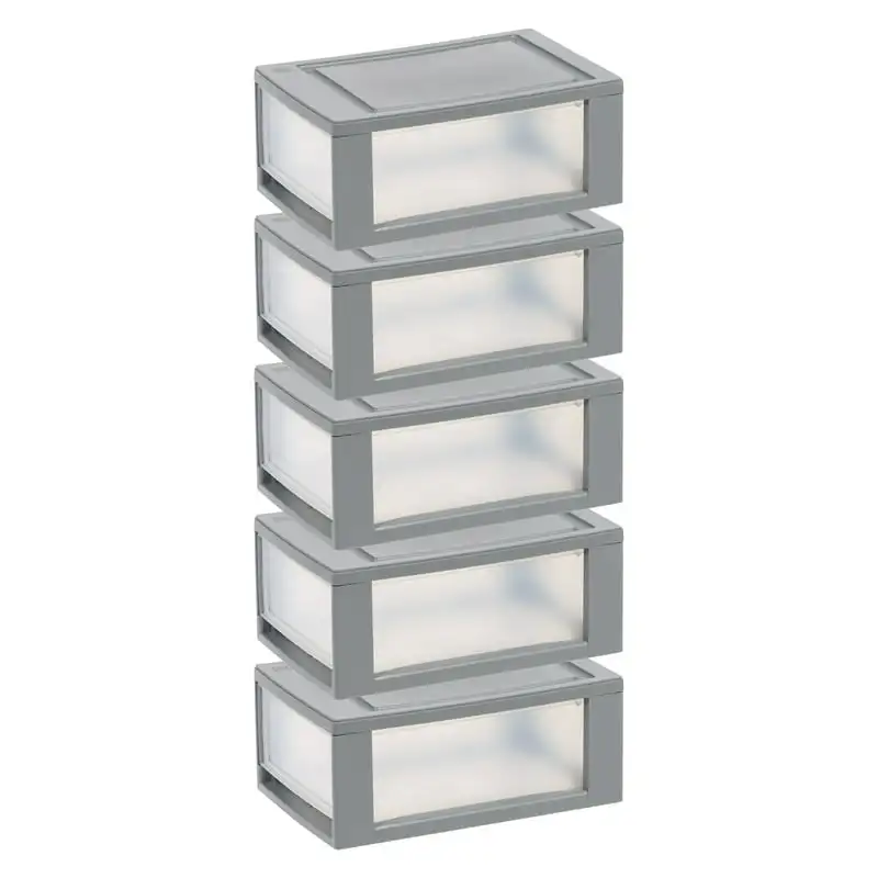 

, 6 Quart Stackable Plastic Storage Drawer, Gray, Set of 5