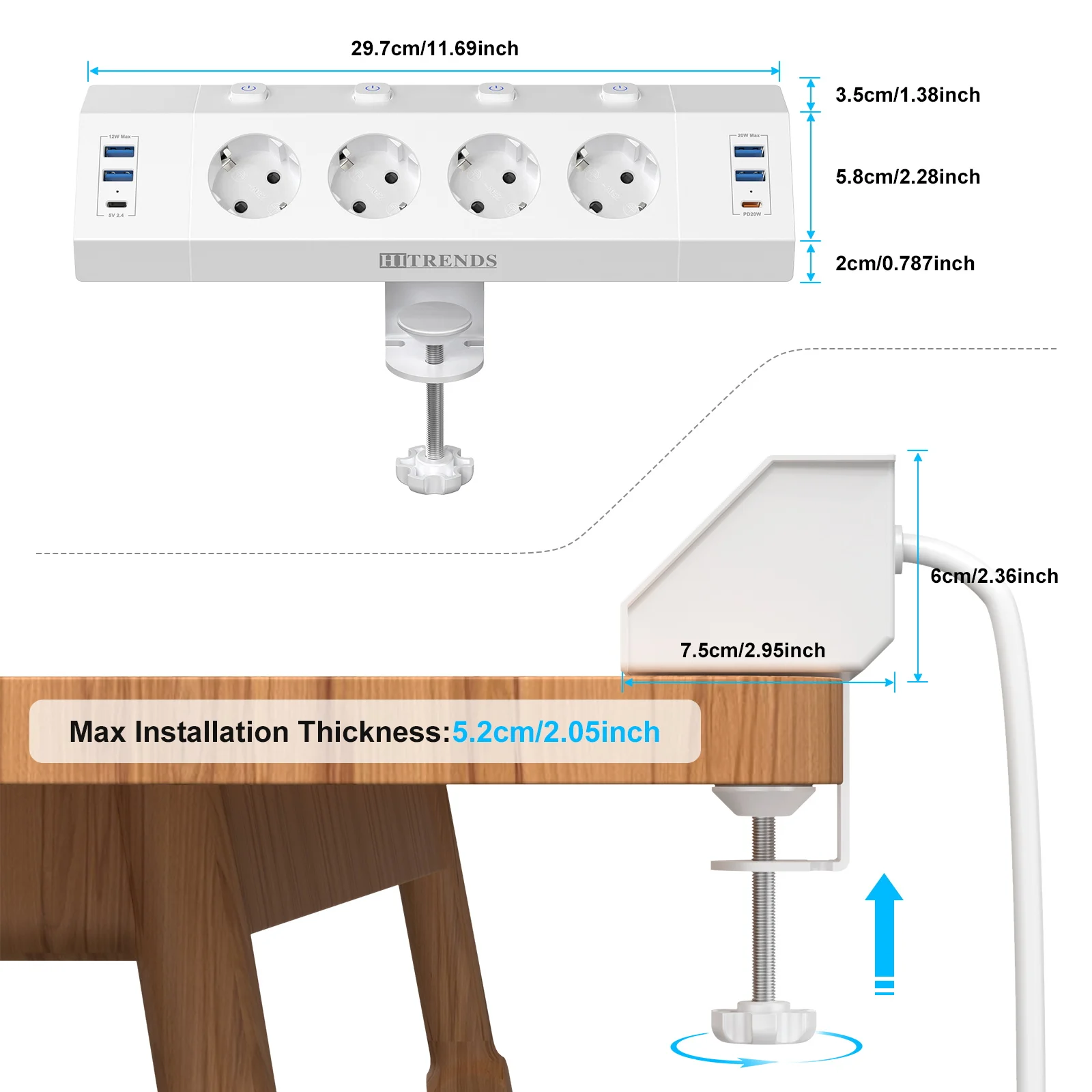 Eu Plug Multi-function power strip with desktop clamp 4 AC power outlets 4 USB-A and 2 USB-C 2 meter cable independent switches 5