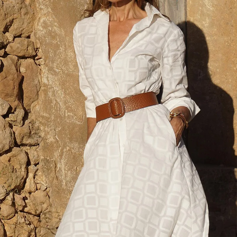 

Women's Loose Single-Breasted Slit Dress 2023 Autumn Spring New Shirt Dress Women's Fashion Long Sleeve Turn-down Collar Dress