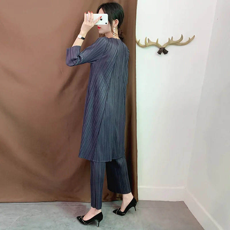LANMREM 여성용 빈티지 플리츠 의류, 라운드넥 풀오버, 루즈 원피스 및 와이드 레그 팬츠 세트, WJ262, 2024 여름 신상