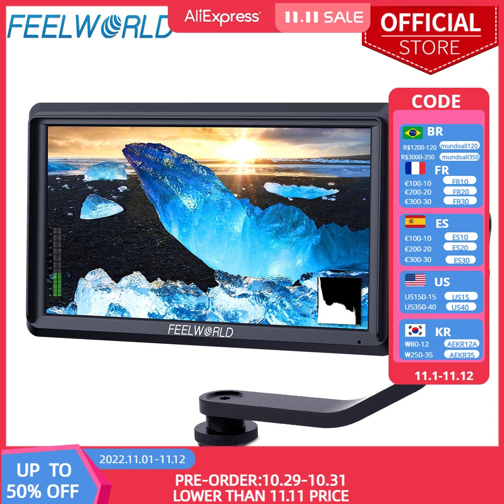 FEELWORLD S55 IPS On Camera Field Monitor, Video Focus Assist, Suporte 4K Entrada HDMI, Saída DC