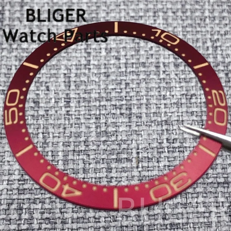 BLIGER Vintage Aluminum Brushed Red Green Watch Bezel with Rose Gold Luminous Number Index