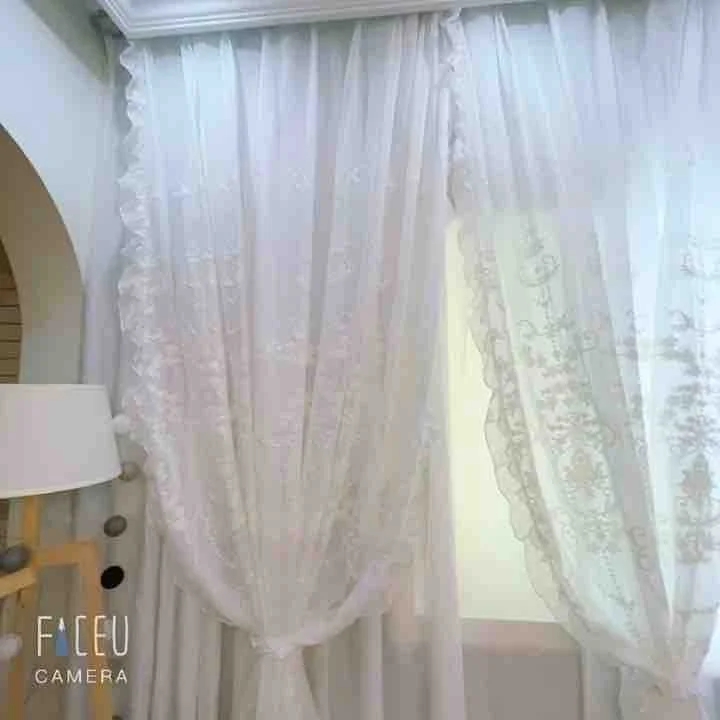 

Pastoral Rococo Lace Voile Curtains with Ruffles for Living Room Bedroom Cotton Linen Floral Thread Home Curtain Fabrics