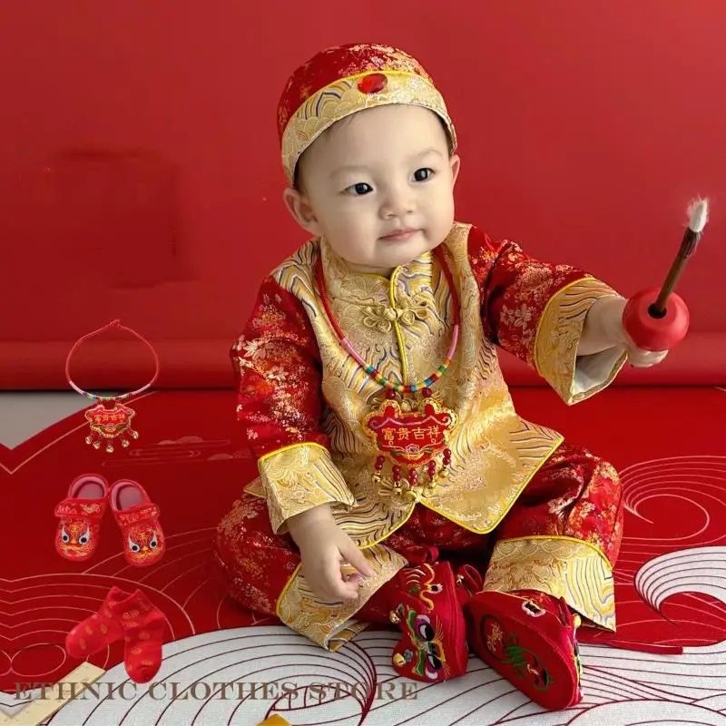 Chinese Traditional Baby Kids Tang Suit Hundred Days One-Year-Old Brocade Hanfu Outfit Photography Clothes Oriental Costume