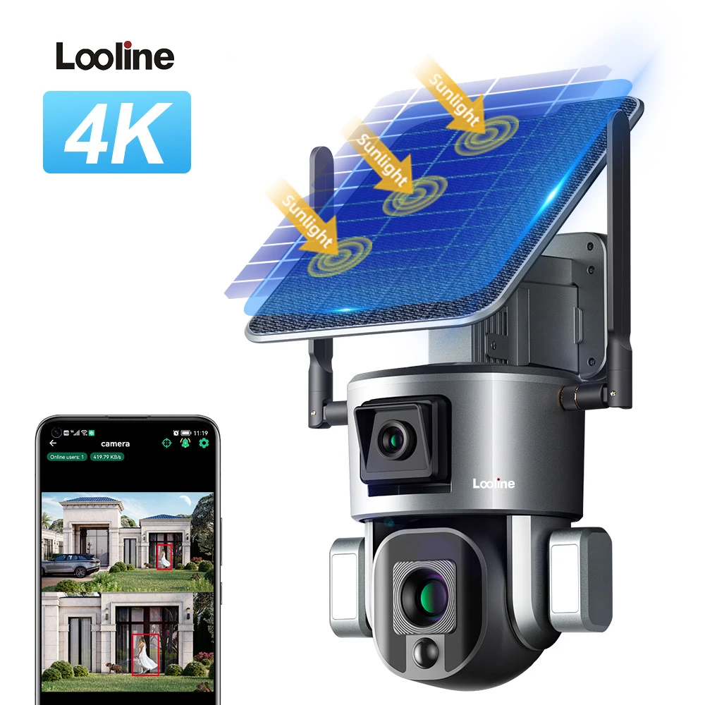 LOOLINE 4K HD Solar Security Outdoor 4G Camera Dual Lens 10X