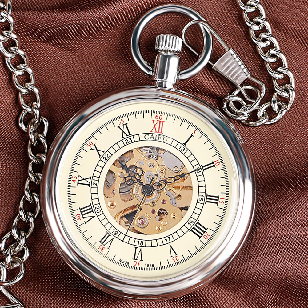 

Simple Silver Automatic Self-winding Mechanical Pocket Watch Capless Pendant Pocket Watch Roman Numeral Dial Clock Openwork Gear