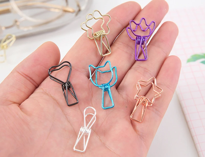 Paper Clips Binder Clips 6pcs/lot Cute Heart Star Cat Mini Paper Clips Kawaii Stationery Metal Clear for Photos Notes Letter Office Accessories