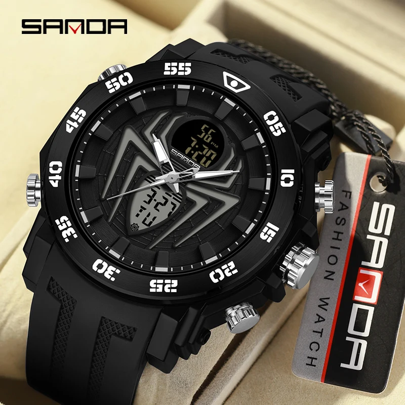 SANDA Men Military Watches Big Spider Dial Sport Watch LED Digital Waterproof Watch Men Multifunction Dual Display Clock Relogio 2