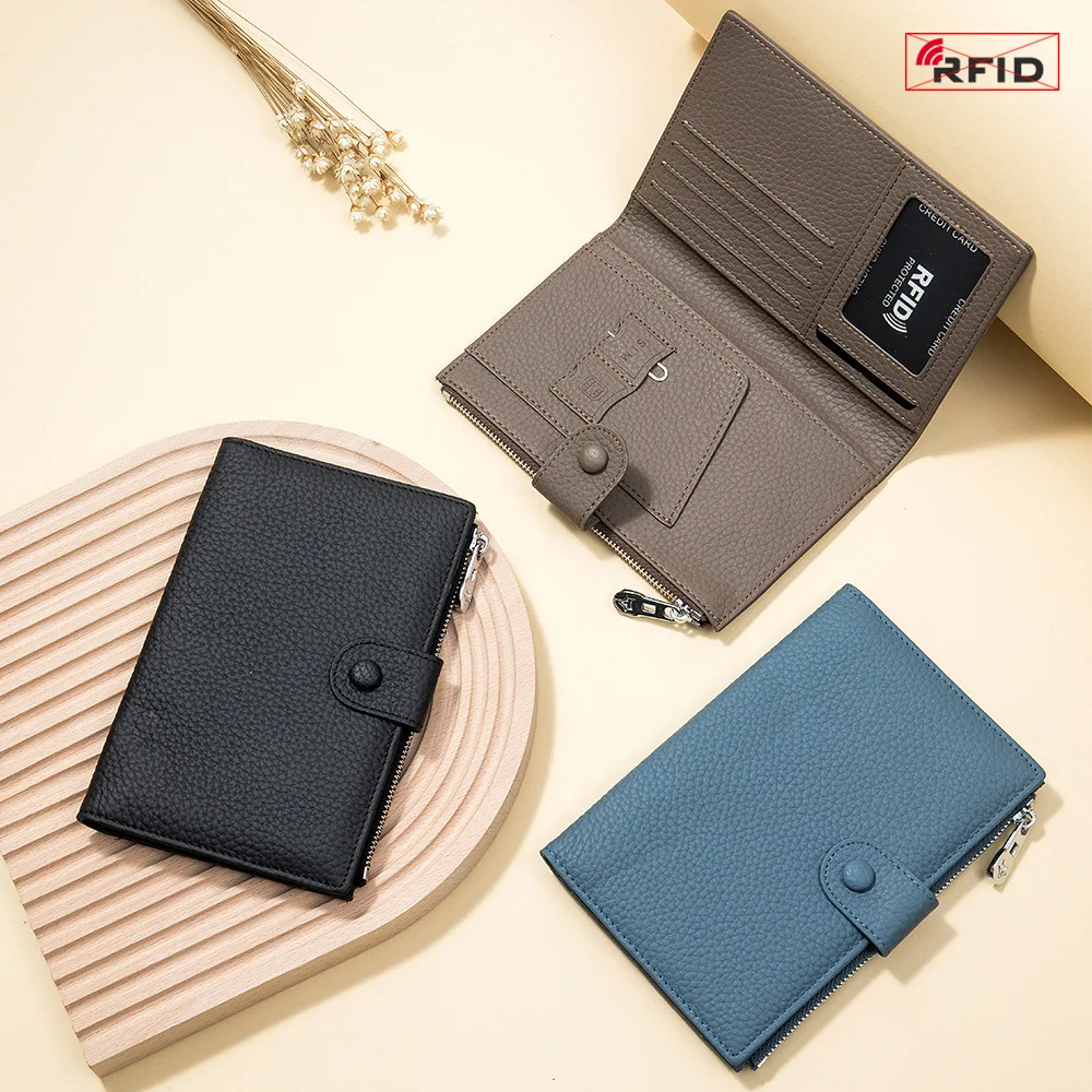 Genuine Leather RFID Ultra-thin Multi-functional Passport Bag Women's New Wallet Card Ticket Holder Documents Wallet Storage Bag