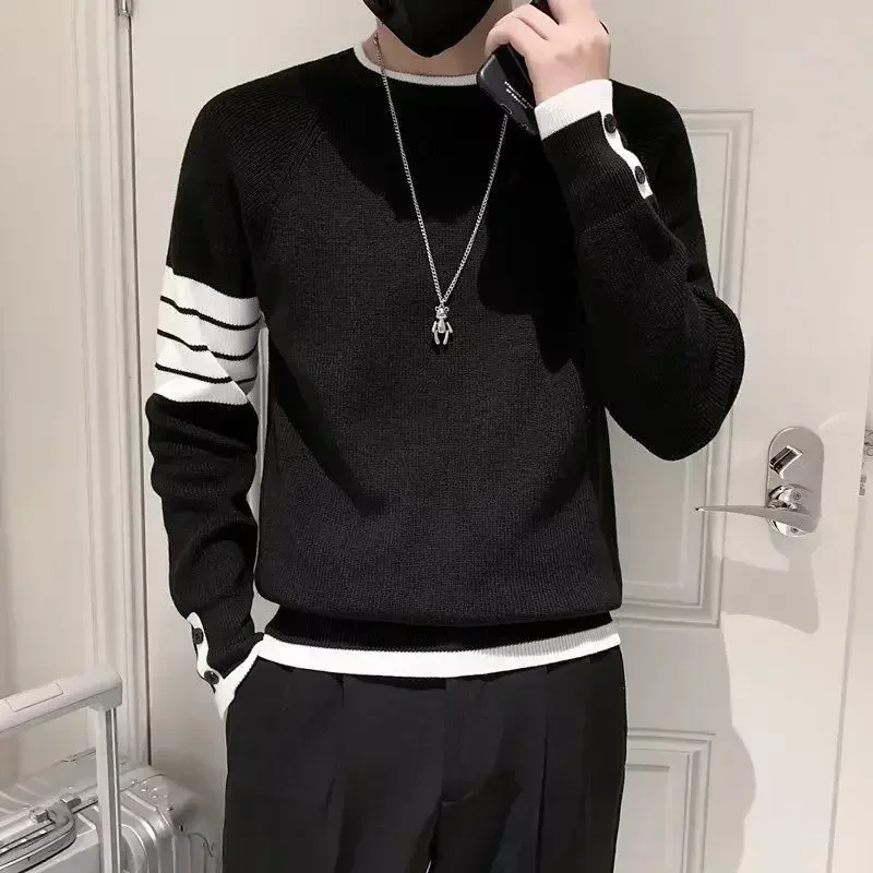 

Knit Sweater Male Pullovers Crewneck Round Collar Men's Clothing Green Striped Warm Aesthetic Meme Designer Luxury Winter 2023 X