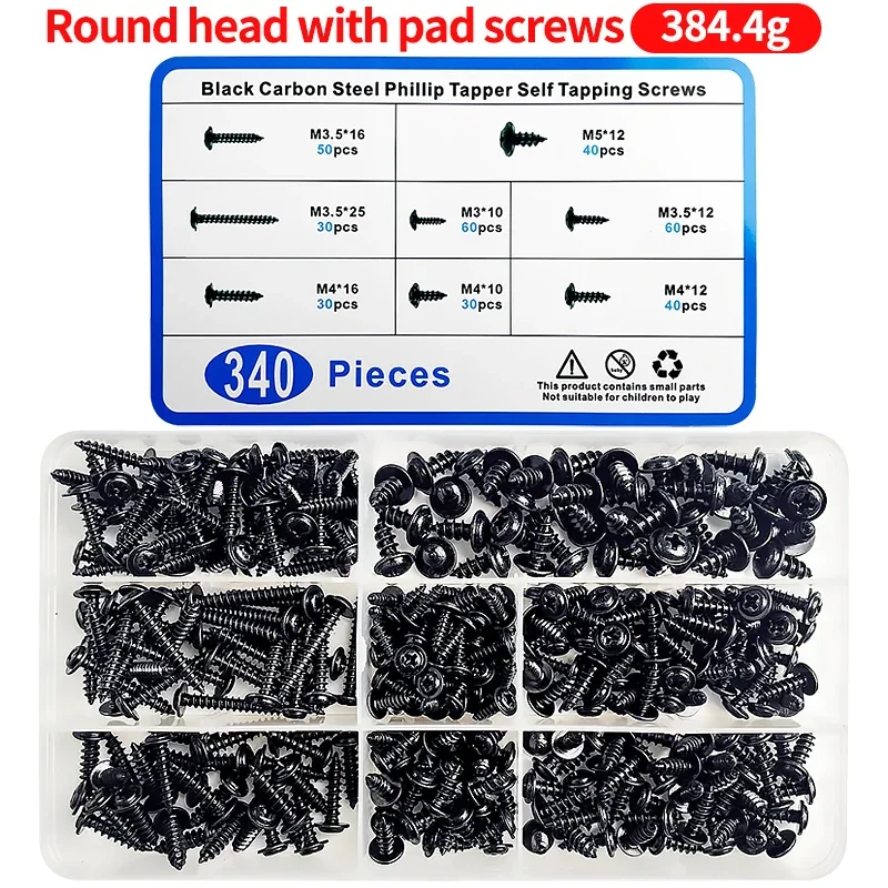 340pcs/Box Cross Head Self Tapping Screws Set Pan Head Tapping Screw Assortment Kit Black Furniture Carbon Steel M3/M3.5/M4/M5