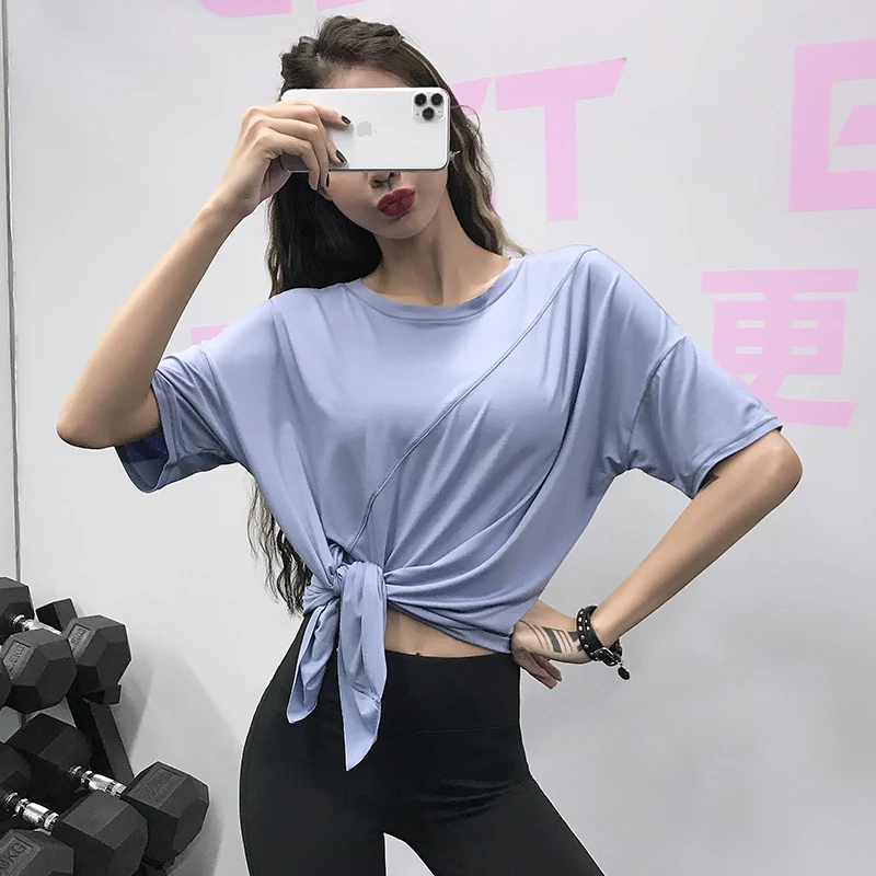 Lan 패턴 루즈 피트니스 탑 여성 여름 러닝 슬리밍 스포츠 요가 의류 반팔 캐..