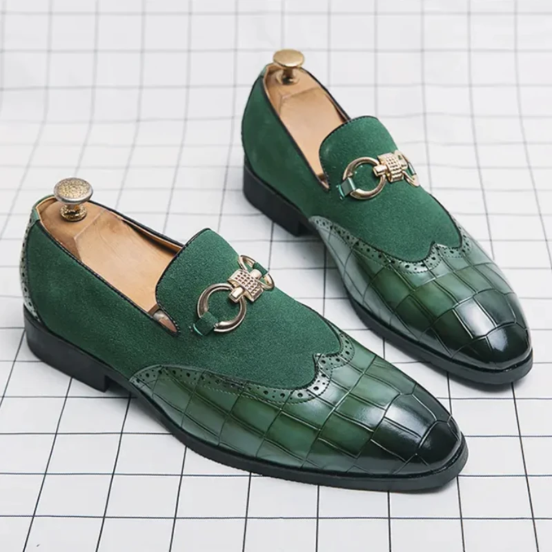 Loafers Men PU Patchwork Embossed Leather Shoes with Horseshoe Buckle Decoration Business Dress Shoes Fashion Men Single Shoes