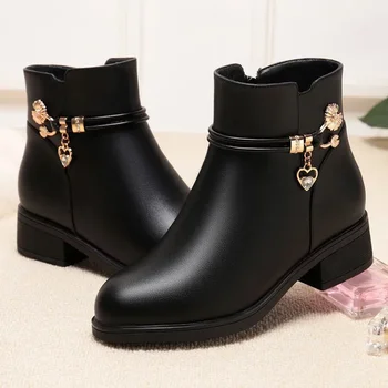 Women's Rhinestone Leather Boots Autumn Winter Warm Cotton Shoes Low Heel Round Head Side Zip Footwear Botas Para Mujeres
