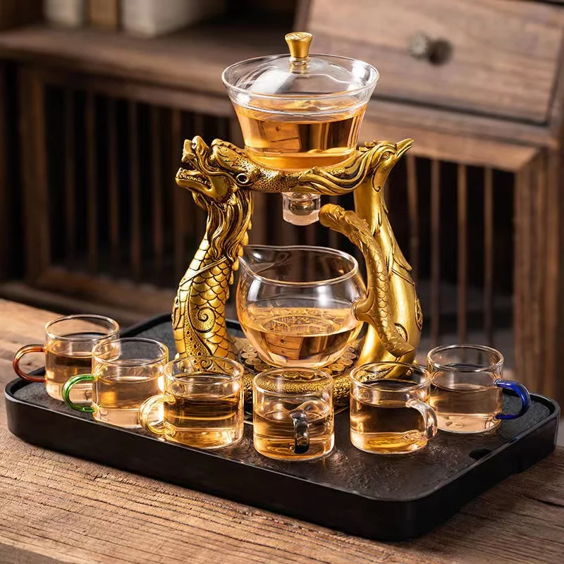 Tea Set Tea Cup BOZZH Creative Dragon Glass Teapot Magnetic Diversion Rotating Cover Bowl Water Tea Cup Pu'er Oolong Drinkware Tea