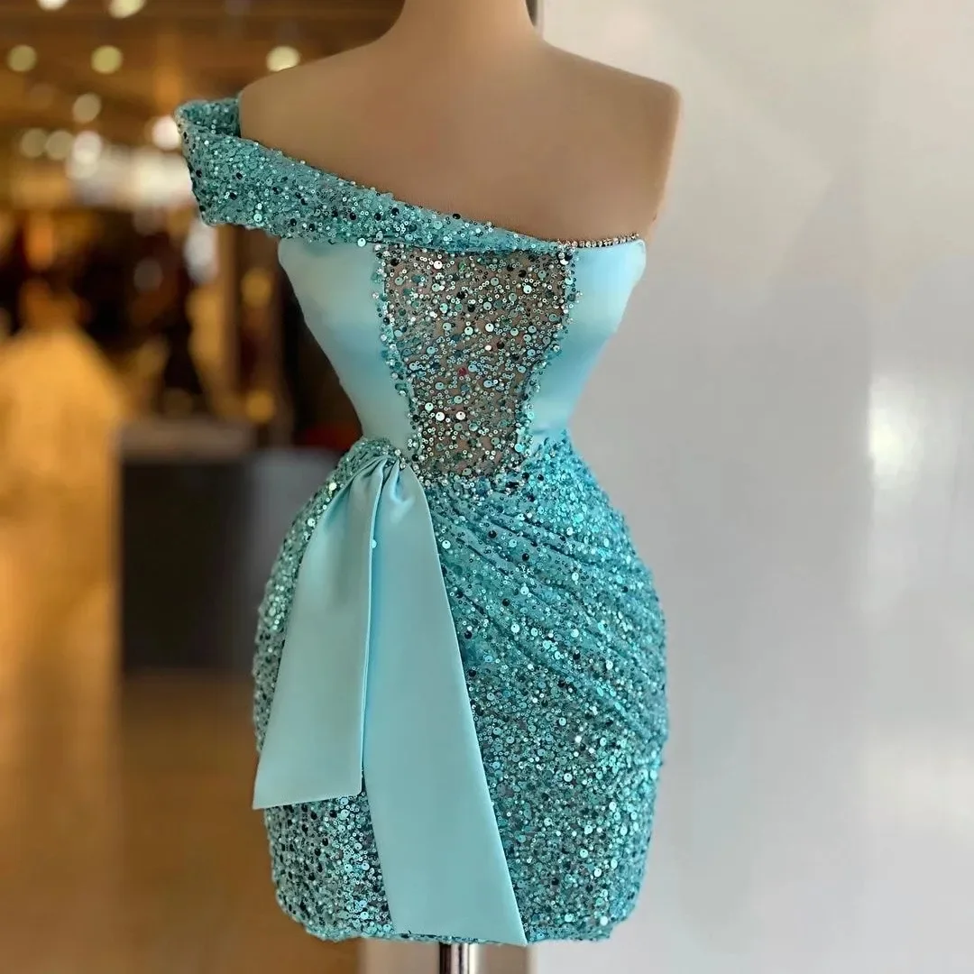 

2024 New Short Sequined Prom Formal Dress One Shoulder Beads Pageant Evening Party Gowns Vestidos Gala Club Wear вечернее платье