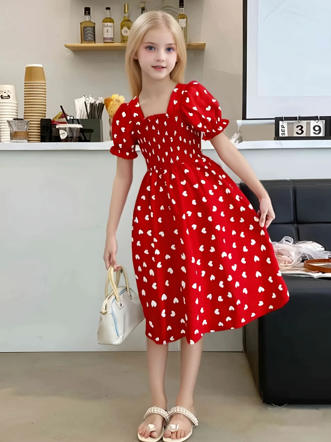 فستان مطبوع منسوج للبنات ، ملابس أطفال ، أو Pollyester ، كم Shart كاجوال ، بريطانية ، بسيطة ، صيف ، حصري