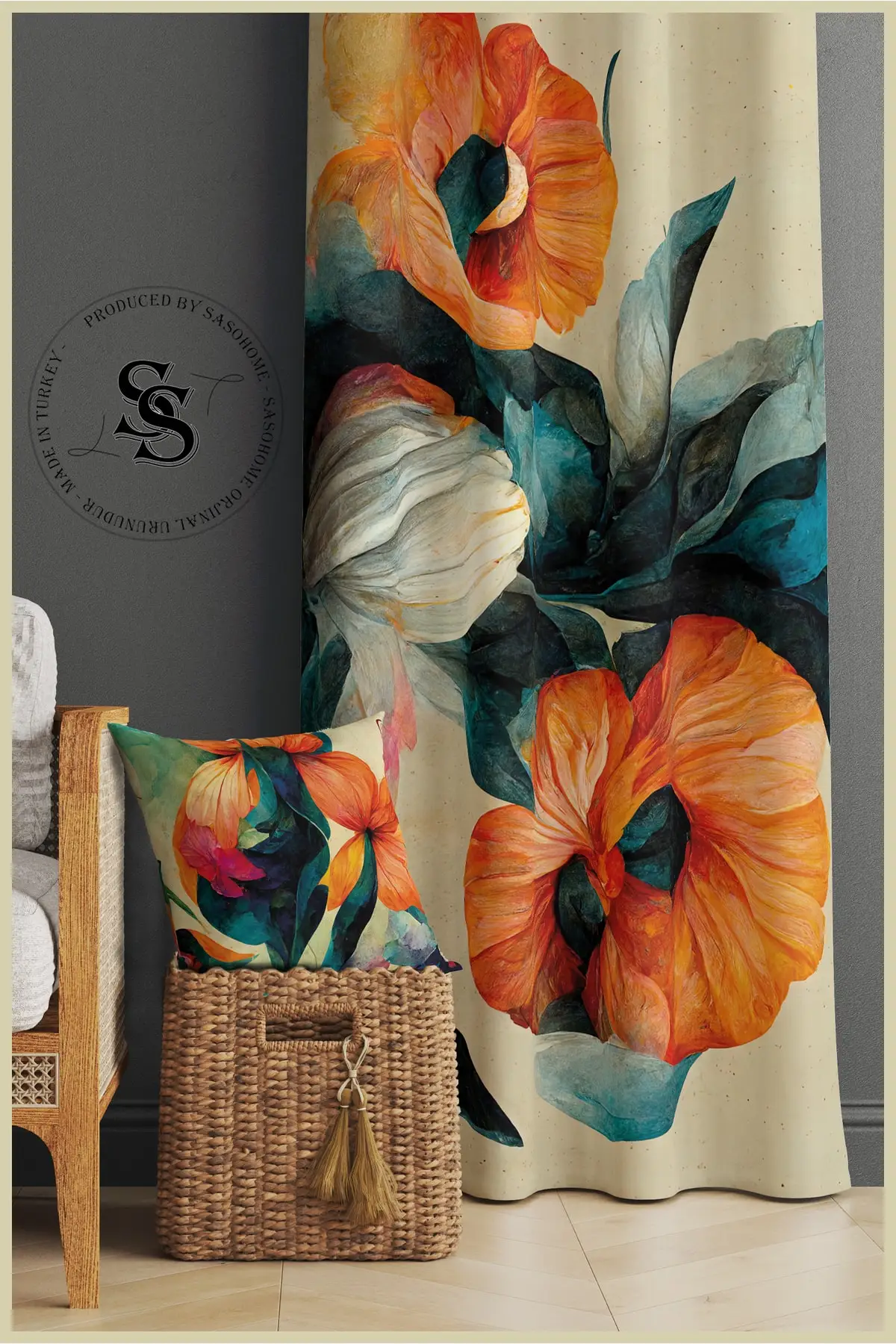 

Curtain Modern Painting Orange Flowers Patterned Velvet 140 X 270 Cm Quality - Digital Printed Backdrop
