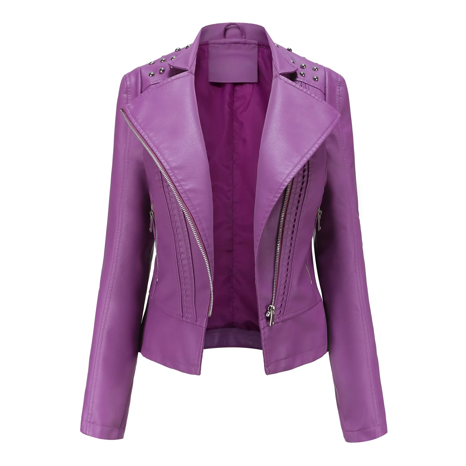 

Motorcycle Moto Biker Zipper Jacket Ladies Pink Black Purple Coat Fashion Spring Autumn Rivet Faux Leather Jacket Women Leather